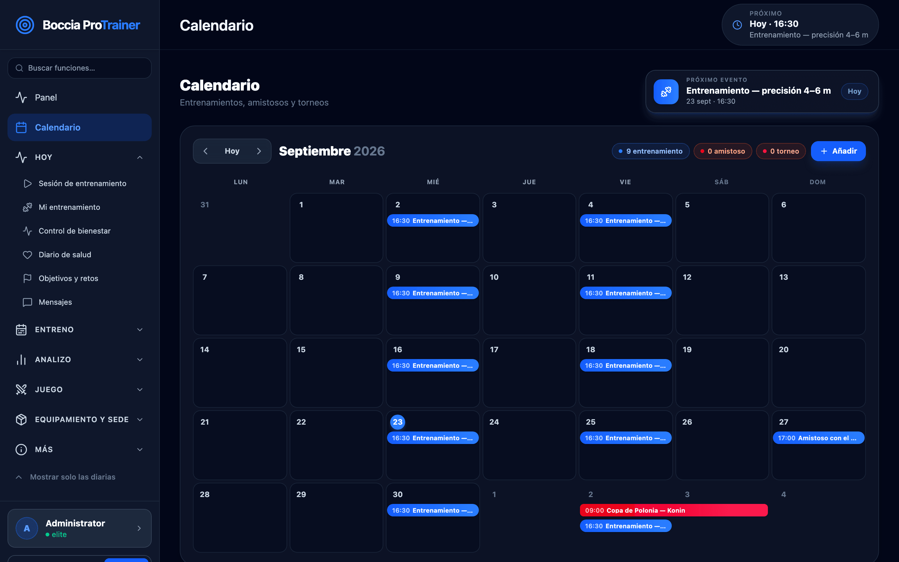 Calendario con entrenamientos programados y un torneo, con los detalles de la próxima sesión.