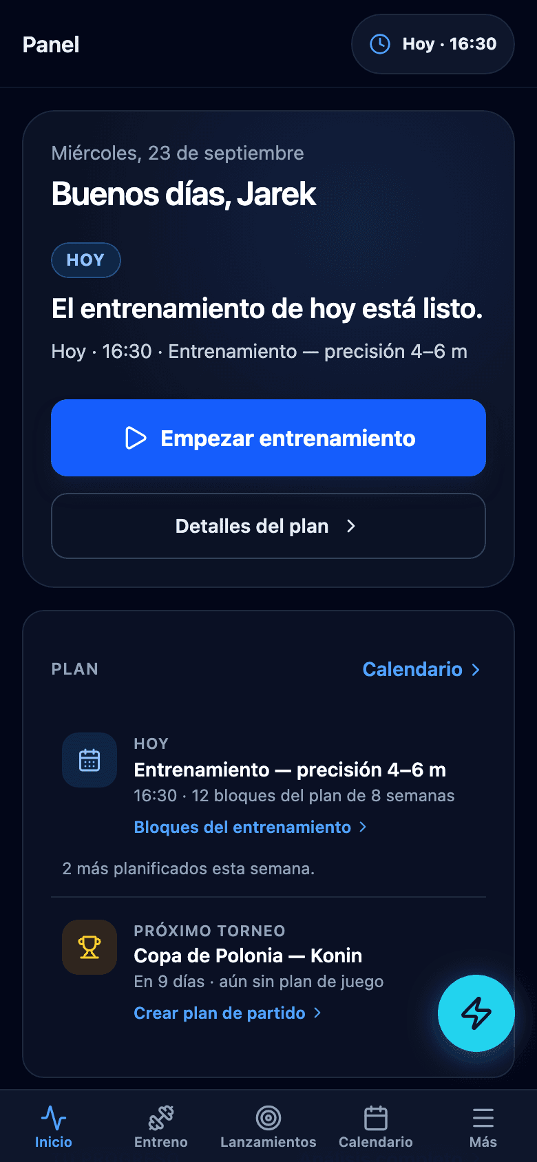 Panel de Boccia ProTrainer en el móvil con la tarjeta de progreso y el botón Empezar entrenamiento.