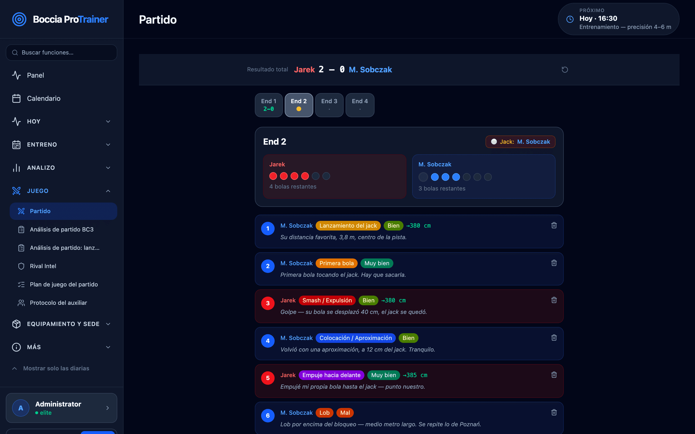 Partido en directo: marcador 2–0, parcial 2 en curso, bolas restantes de ambos jugadores y lista de lanzamientos con tipo de jugada, valoración, distancia y nota del entrenador en cada lanzamiento.