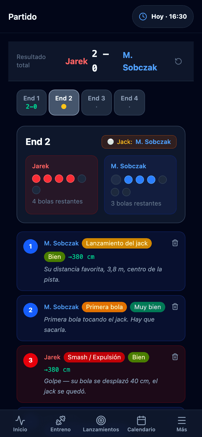 Partido en directo en el móvil: marcador, parciales y lanzamientos con notas.