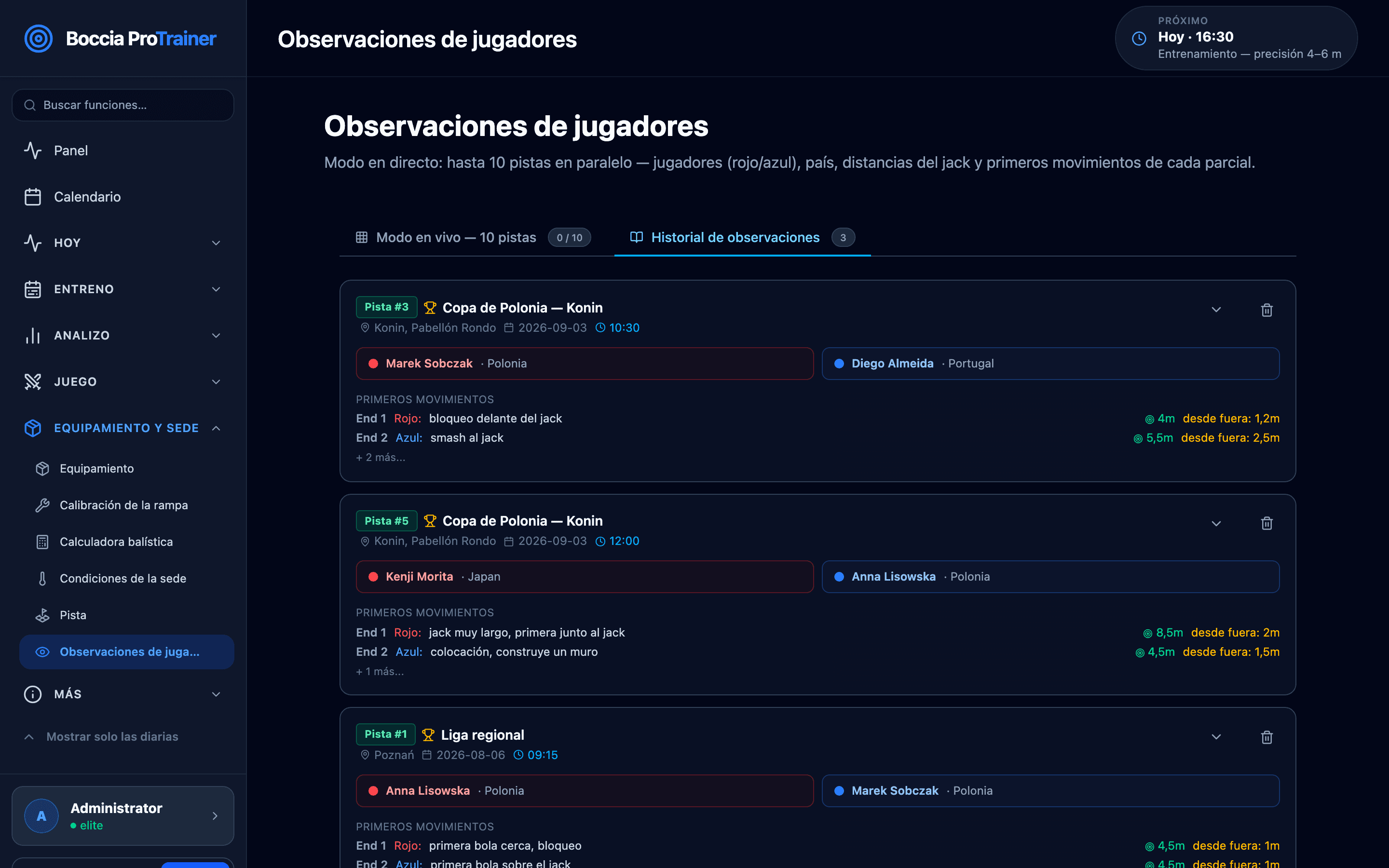 Observación de deportistas: historial de observaciones de un torneo con parejas de deportistas, pistas, horas de los partidos, primeros movimientos y distancias del jack en los parciales.