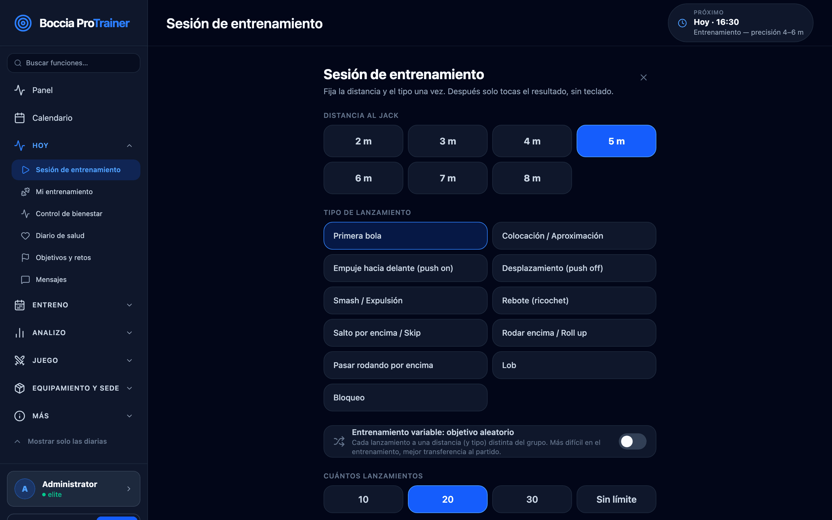 Sesión de entrenamiento en el ordenador: selección de distancia y tipo de lanzamiento y registro de los resultados de lanzamientos sucesivos.