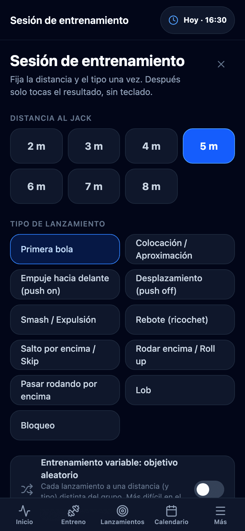 Sesión de entrenamiento en el móvil: selección de la distancia al jack de 2 a 8 m, tipo de lanzamiento (primera bola, empuje, smash, rebote, lob, bloqueo) y el interruptor de entrenamiento variable.