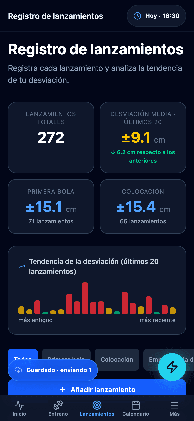 Registro de lanzamientos en el móvil con la lista de los últimos lanzamientos y sus resultados.