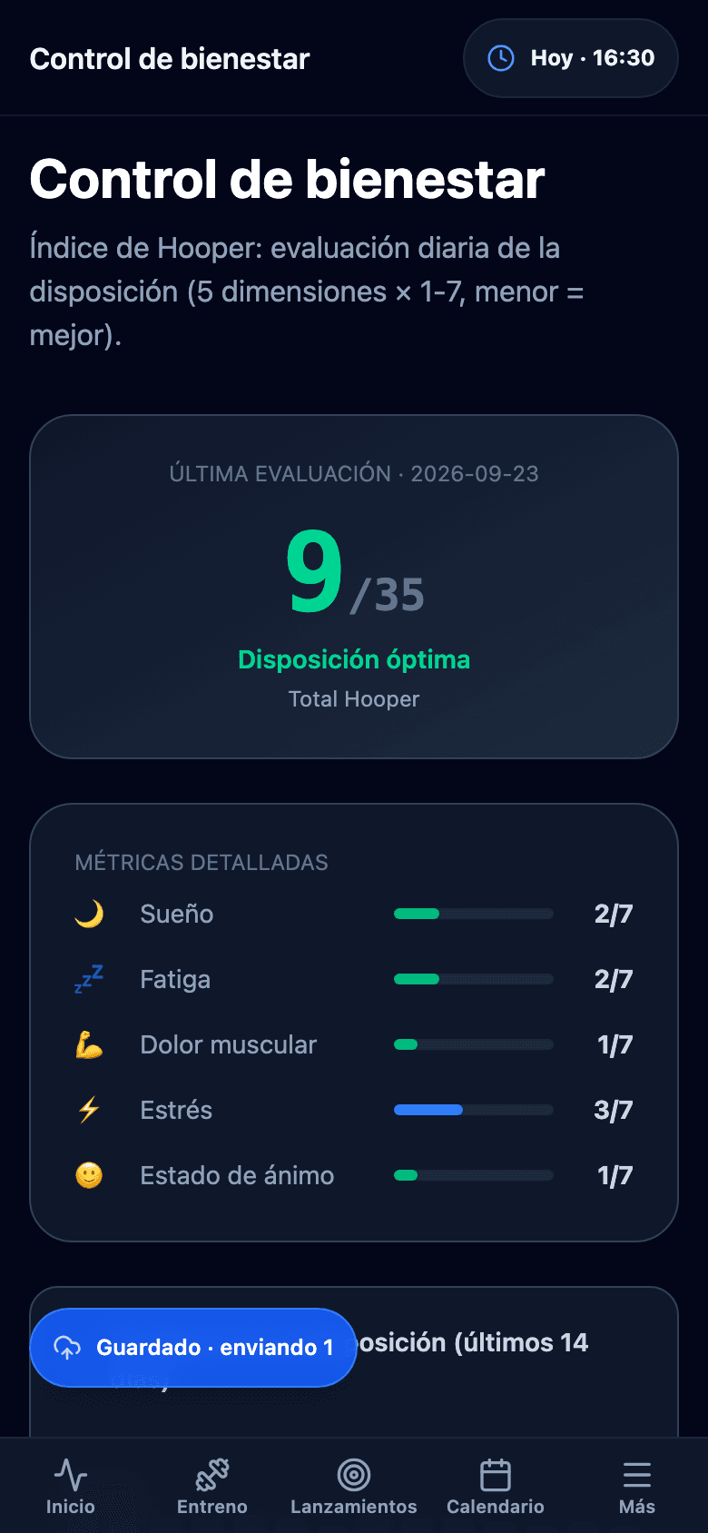 Control de bienestar en el móvil con el formulario Hooper y el resultado de preparación.