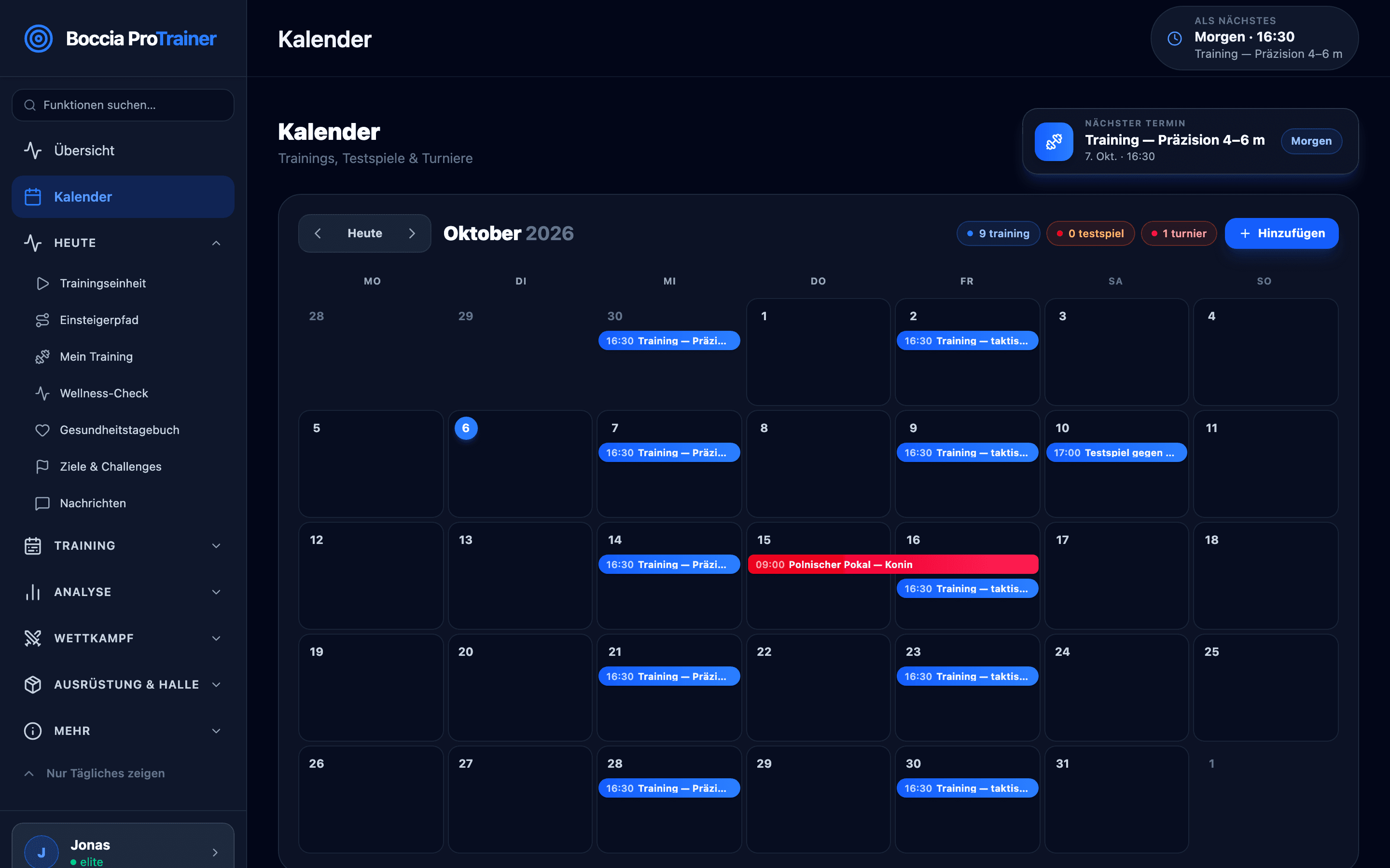 Kalender mit geplanten Einheiten und einem Turnier sowie Details zur nächsten Einheit.