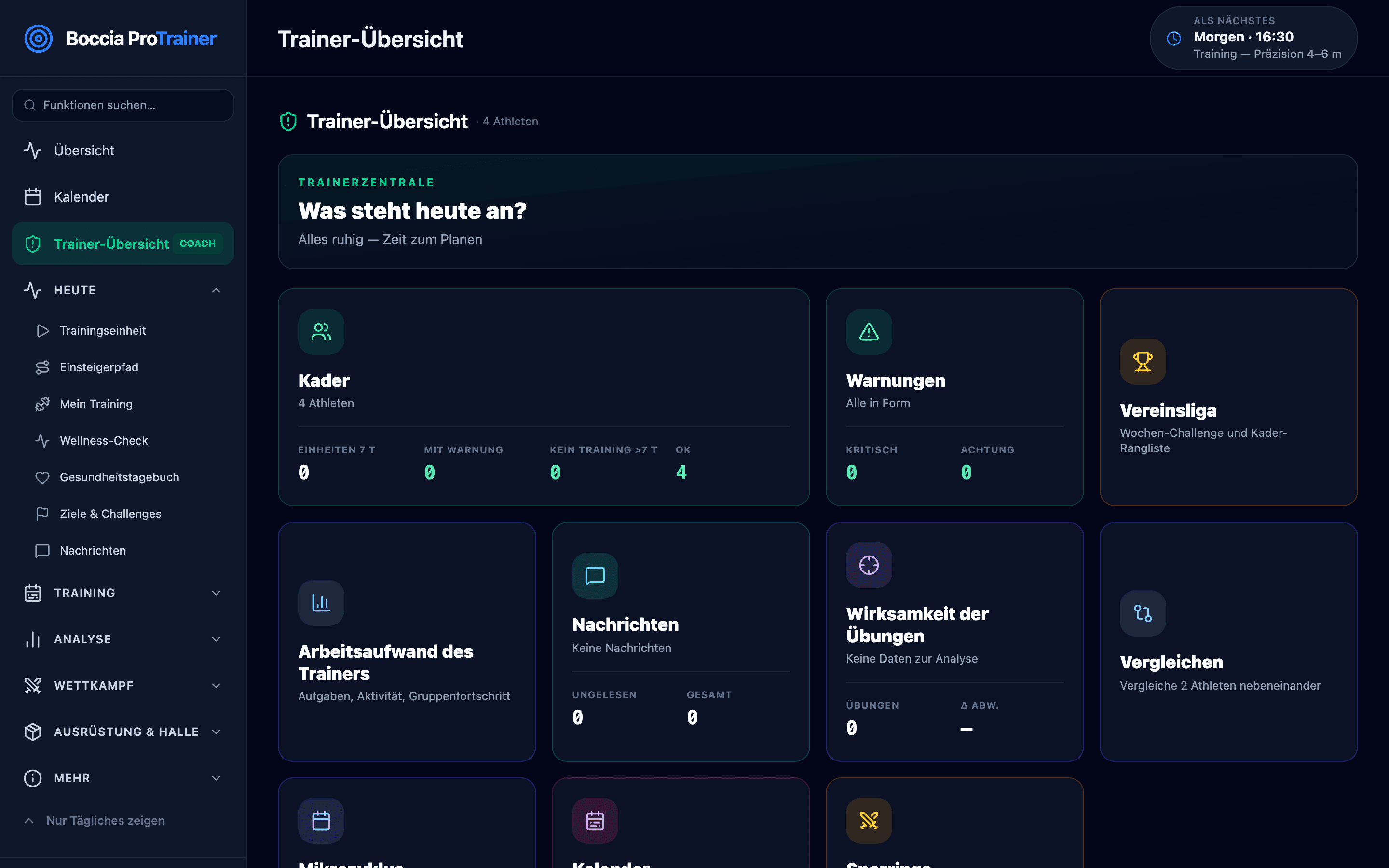 Trainer-Übersicht: Trainerzentrale, Kader-Karte mit 4 Athleten, Warnungen, Vereinsliga, Trainerarbeit, Posteingang, Wirksamkeit der Übungen, Vergleich, Mikrozyklus, Kalender und Sparring.
