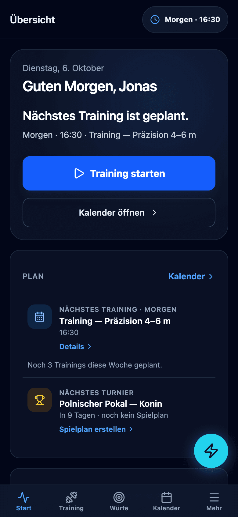 Übersicht von Boccia ProTrainer auf dem Smartphone mit der Fortschrittskarte und dem Button „Training starten“.