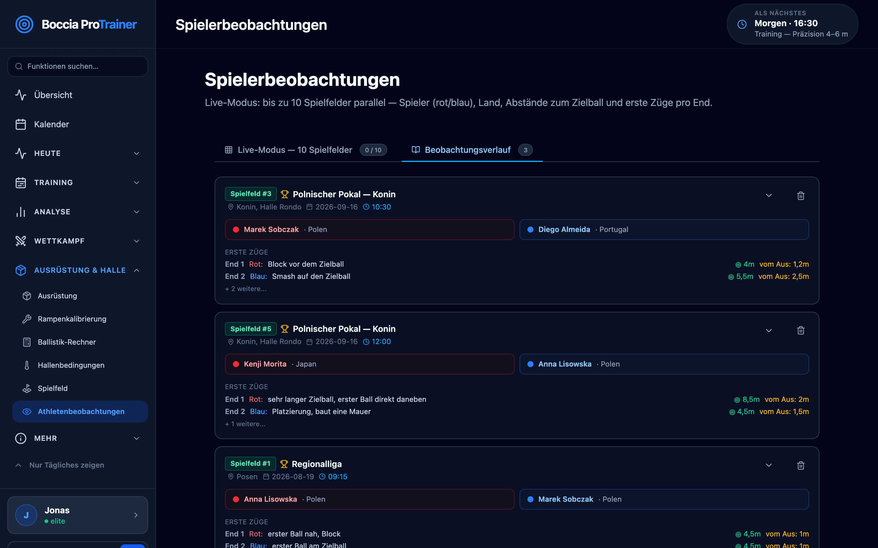 Spielerbeobachtungen: Beobachtungsverlauf eines Turniers mit Spielerpaaren, Spielfeldern, Spielzeiten, ersten Zügen und Zielball-Distanzen pro End.
