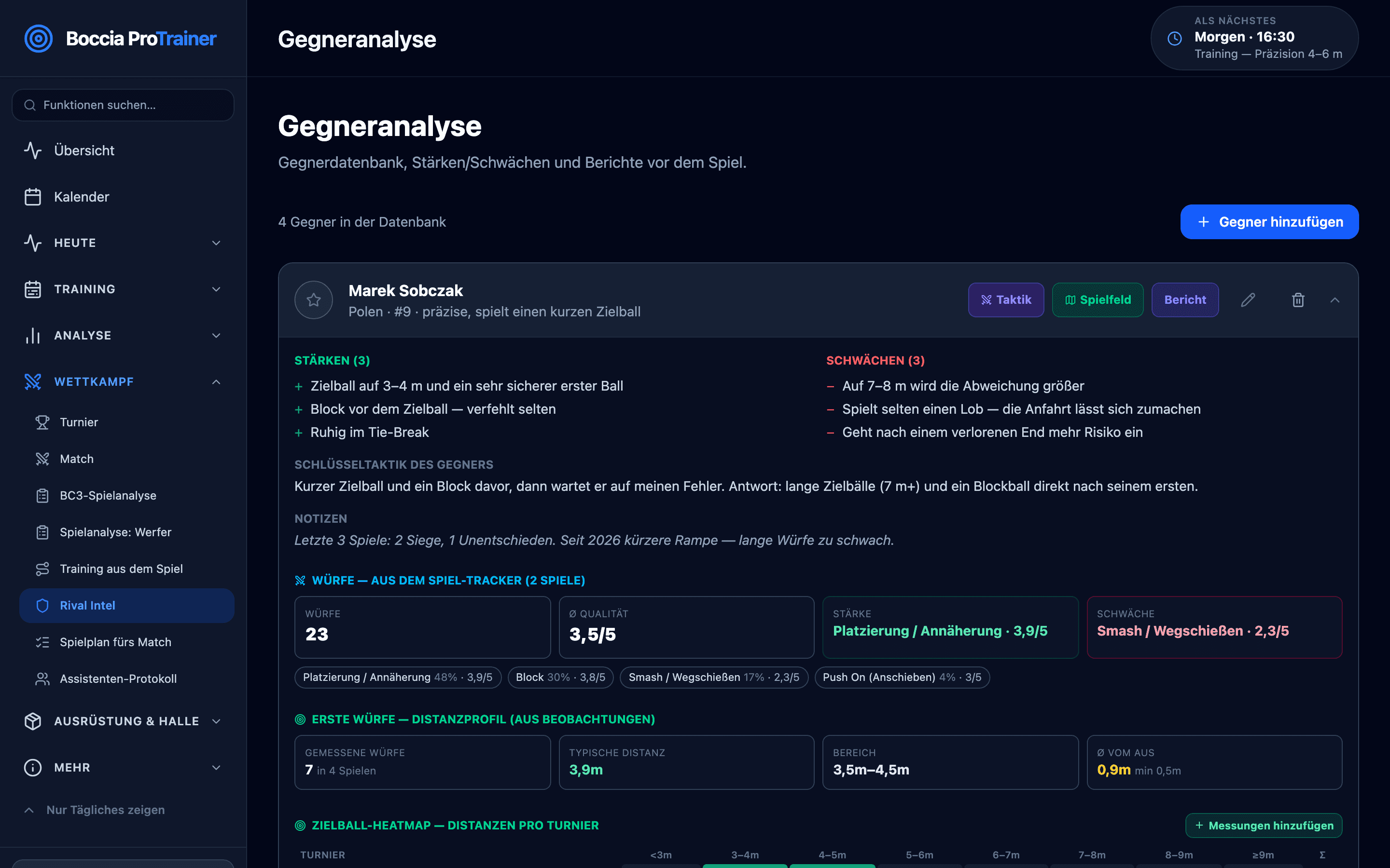 Rival Intel: Spielerakte mit Stärken und Schwächen, Schlüsseltaktik, Notizen, einem Wurfprofil aus zwei Spielen und einem Profil der Zielball-Distanzen.