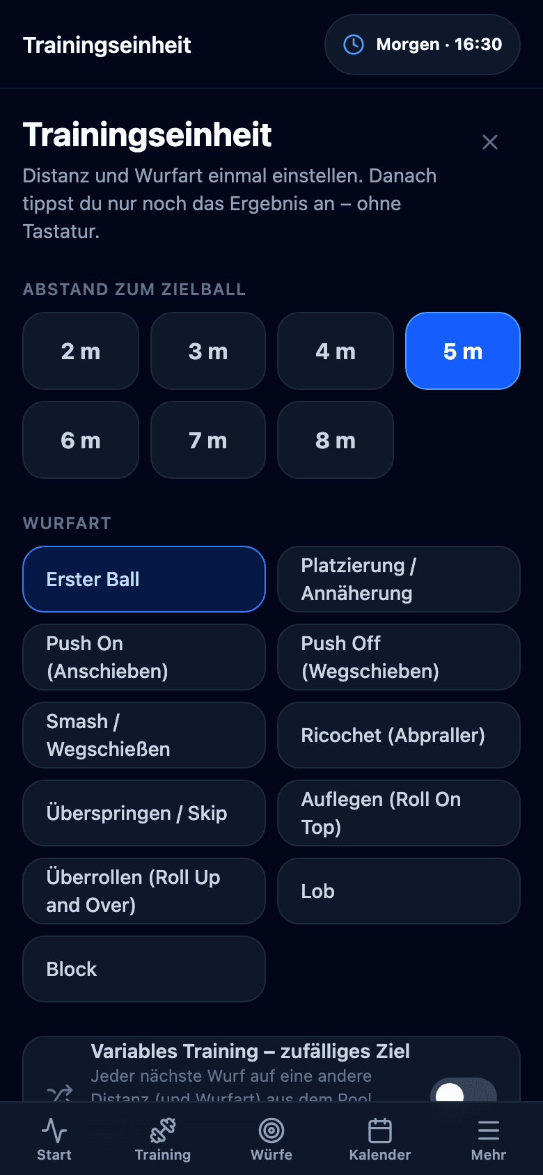 Trainingseinheit auf dem Smartphone: Distanz zum Zielball von 2 bis 8 m, Wurfart (erster Ball, Schieben, Smash, Abpraller, Lob, Block) und der Schalter für variables Training.