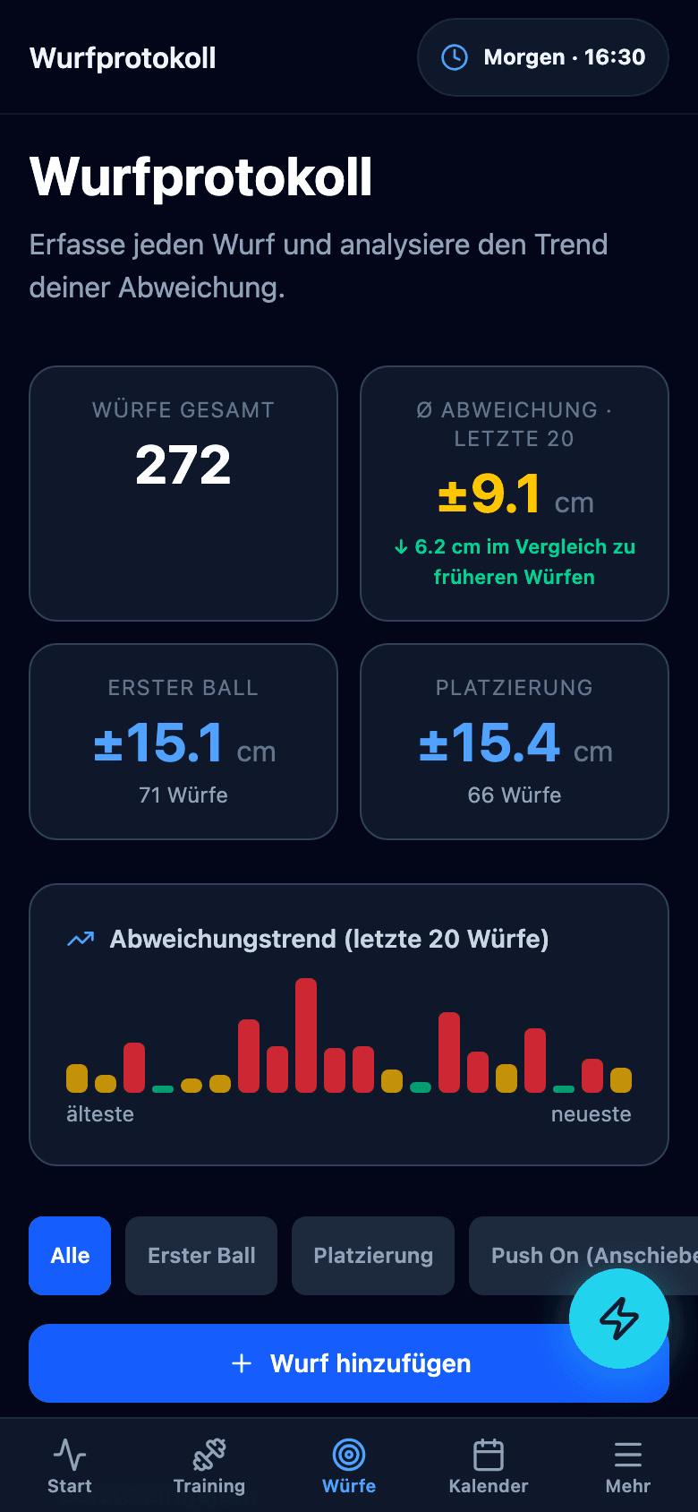Wurfprotokoll auf dem Smartphone mit einer Liste der letzten Würfe und ihrer Ergebnisse.
