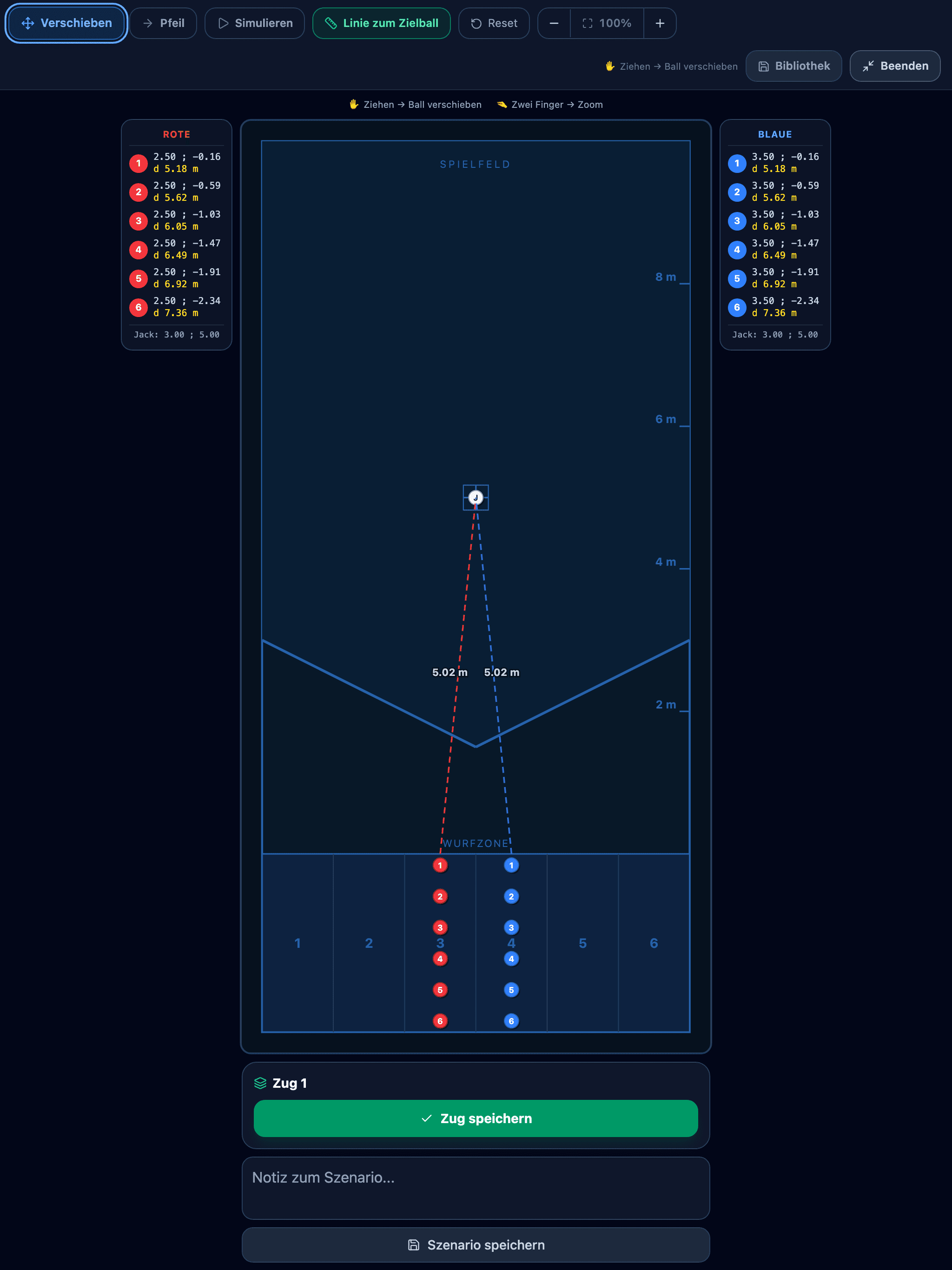 Taktiktafel auf dem Tablet: ein Boccia-Spielfeld im Hochformat, rote und blaue Bälle in den Wurfboxen, der Zielball auf 5 m, Linien zum Zielball und Felder mit Ballkoordinaten.