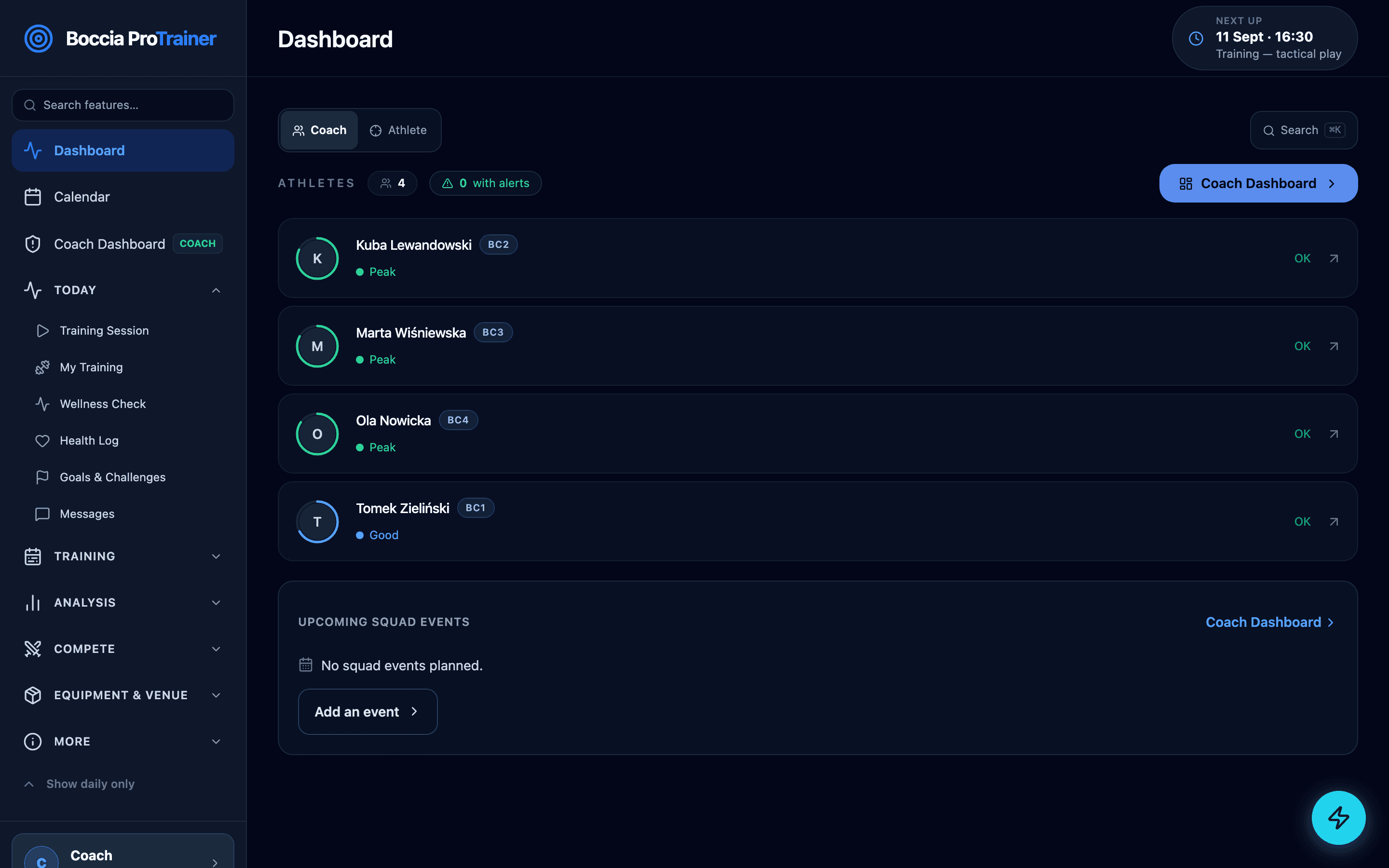 Coach dashboard on desktop: roster, alerts, club league, coach work, inbox and drill effectiveness.