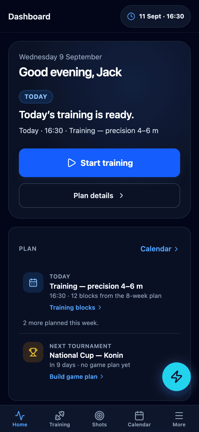Boccia ProTrainer dashboard on a phone with the progress card and a Start training button.