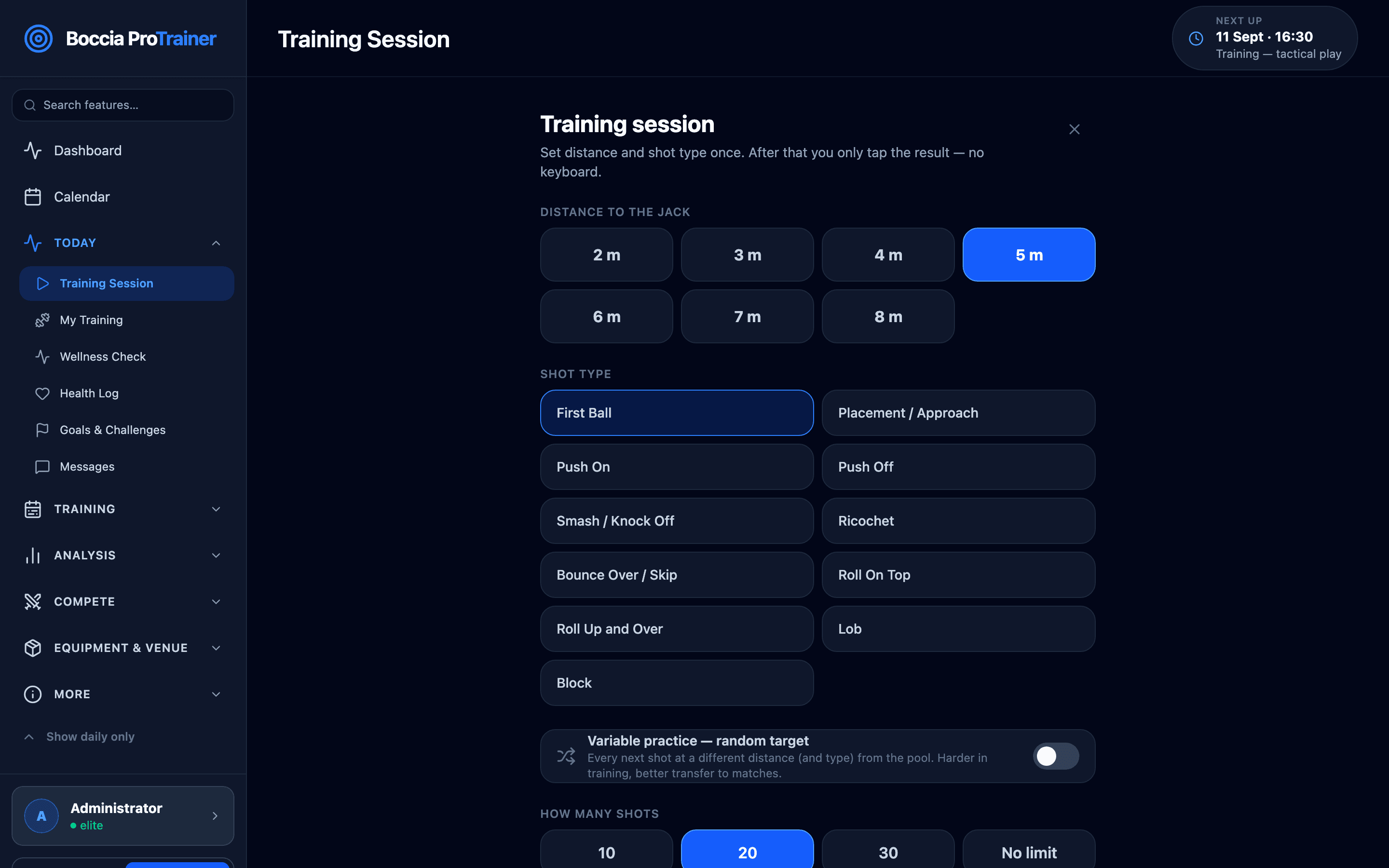 Training session on desktop: distance and shot-type selection with result logging for consecutive shots.