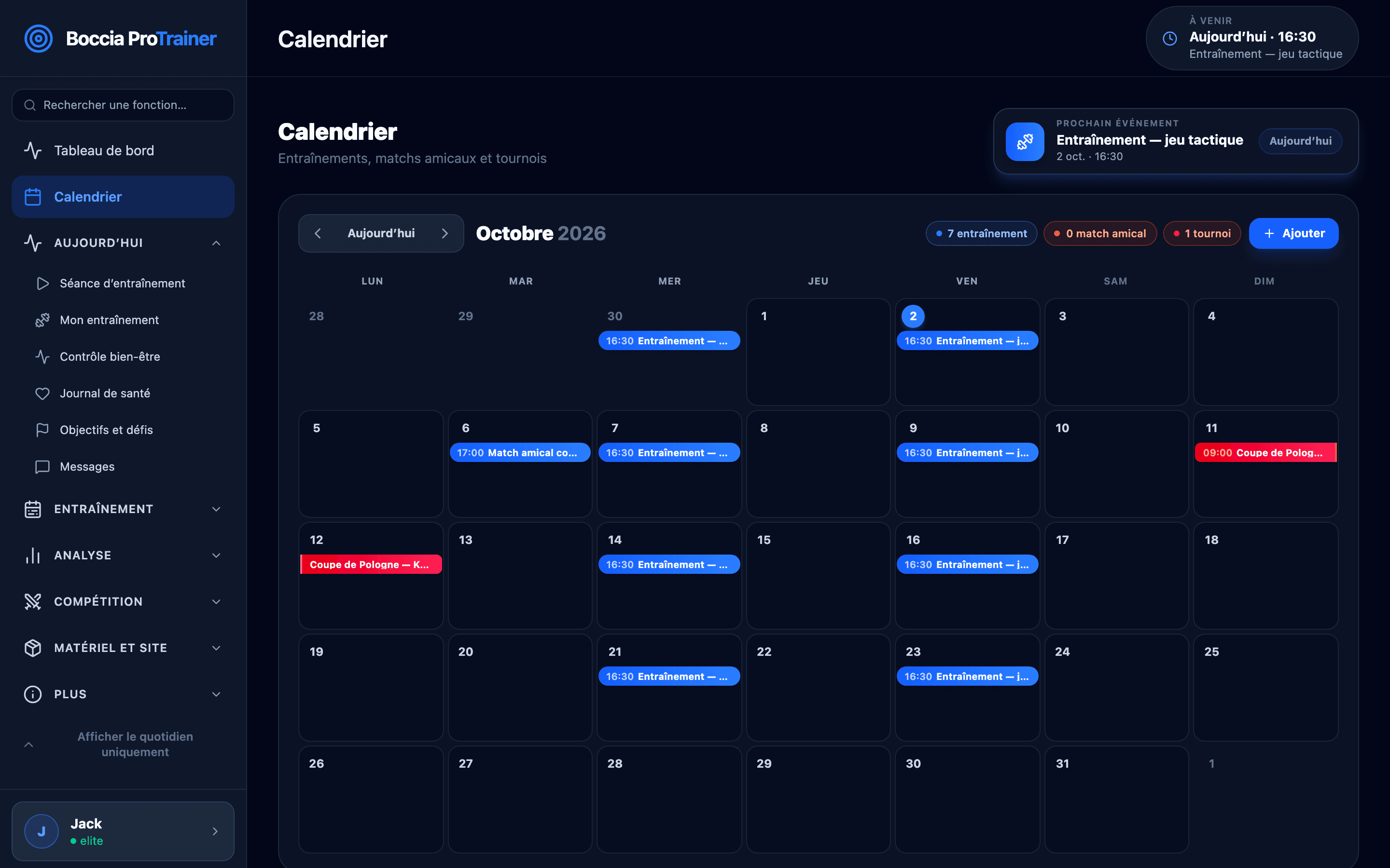 Calendrier avec séances planifiées et un tournoi, et le détail de la prochaine séance.