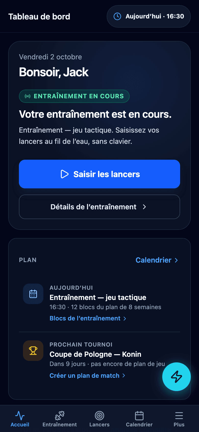 Tableau de bord de Boccia ProTrainer sur téléphone avec la carte de progression et un bouton Démarrer l’entraînement.