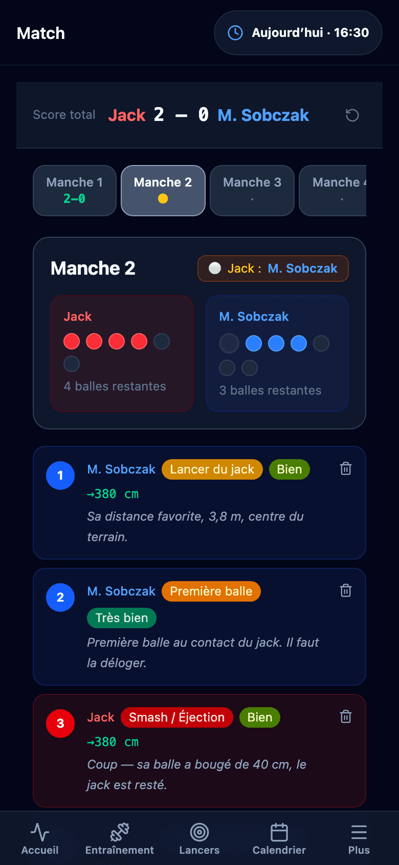 Match en direct sur téléphone : score, manches et lancers avec notes.