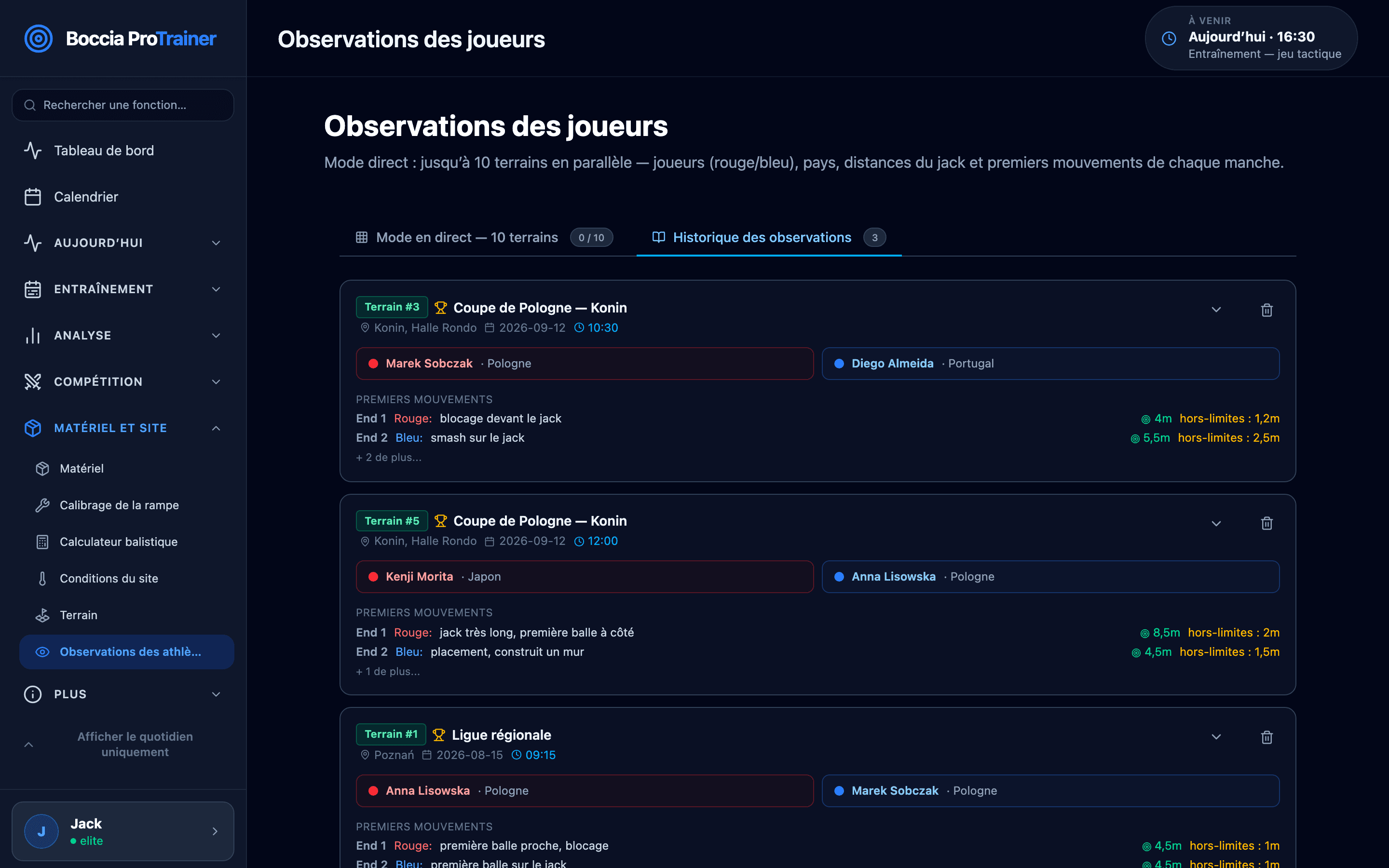 Observations de joueurs : historique des observations d’un tournoi avec paires de joueurs, terrains, horaires des matchs, premiers coups et distances du jack par manche.