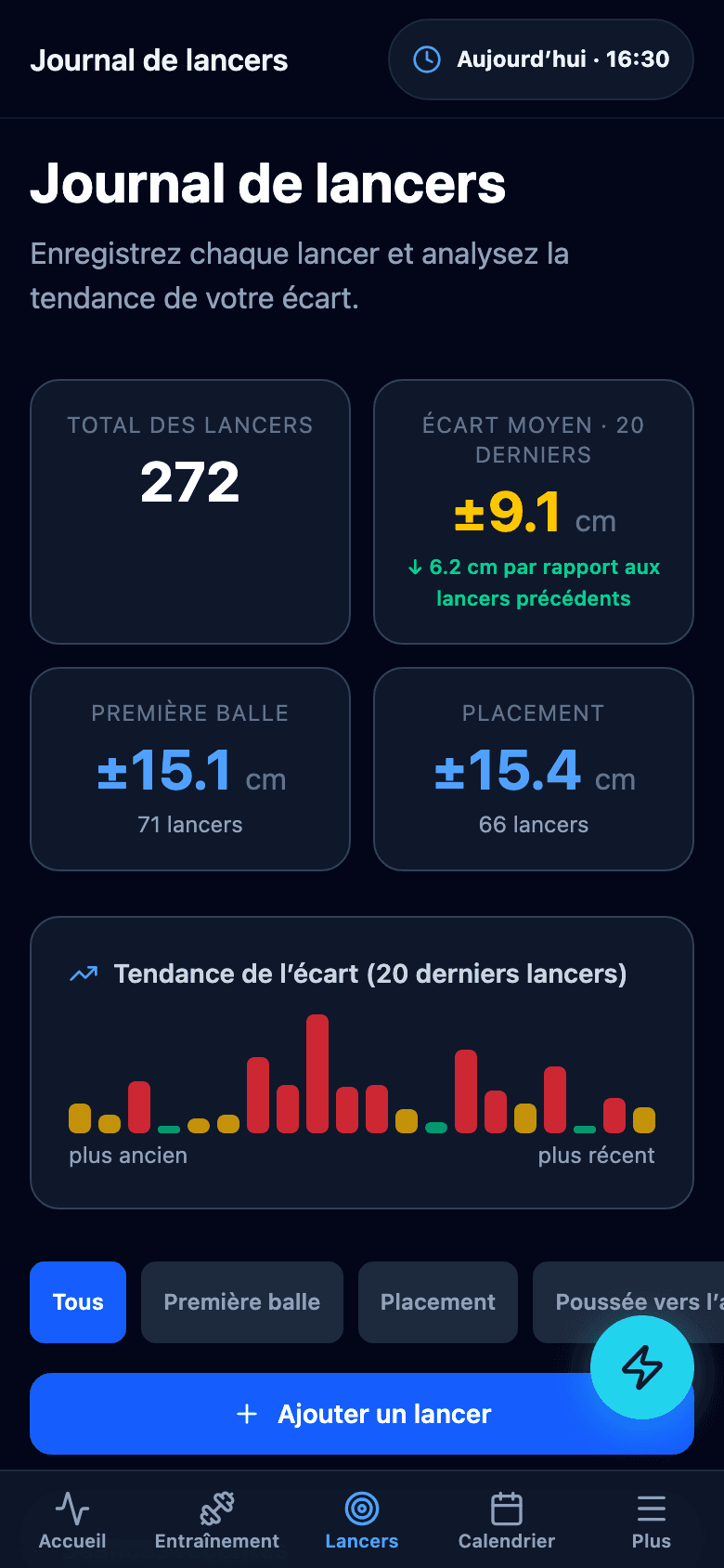 Journal de lancers sur téléphone avec la liste des derniers lancers et leurs résultats.