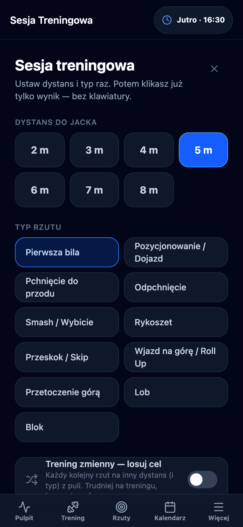 Sesja treningowa na telefonie: wybór dystansu do jacka od 2 do 8 m, typ rzutu (pierwsza bila, pchnięcie, smash, rykoszet, lob, blok) i przełącznik treningu zmiennego.